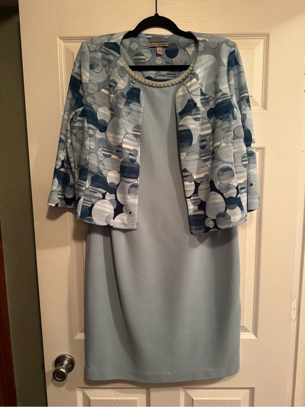 Maya Brooke 2pc Sz 14 Light Blue Pearl Collar Sheath Dress with Printed Jacket
